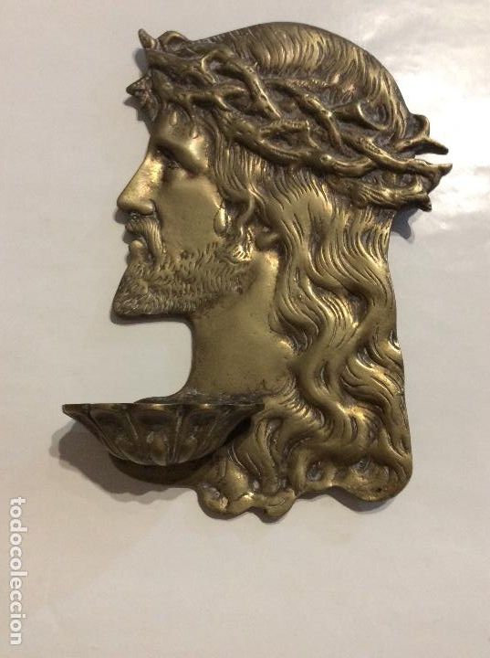 Antig&uuml;edades: ANTIGUA BENDITERA BRONCE ROSTRO JESUCRISTO - Foto 1