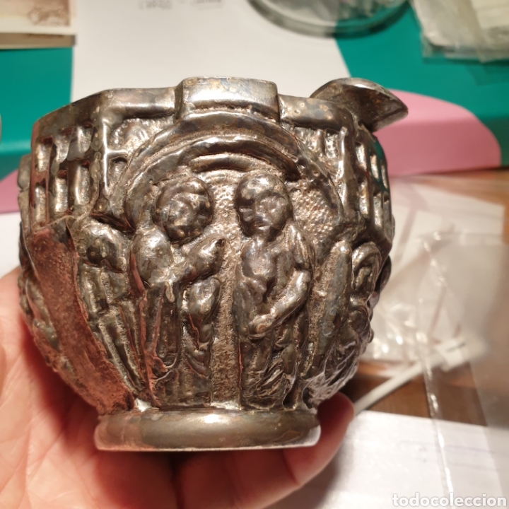 Antig&uuml;edades: Lote 3 morteros (hechos ceniceros) DE BRONCE PLATEADO MACIZO DE LA FIRMA ALMAZAN, + de 1 kilo