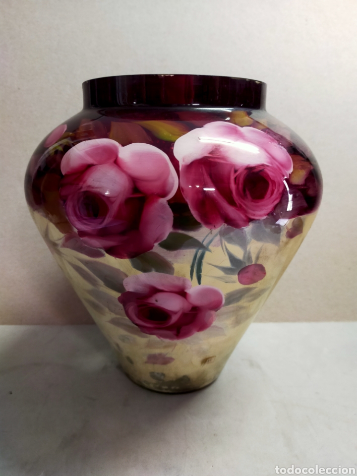 Oggetti Antichi: JARR&Oacute;N DE CRISTAL PINTADO A MANO EN EL INTERIOR CON DECORACION FLORAL. 23 CM