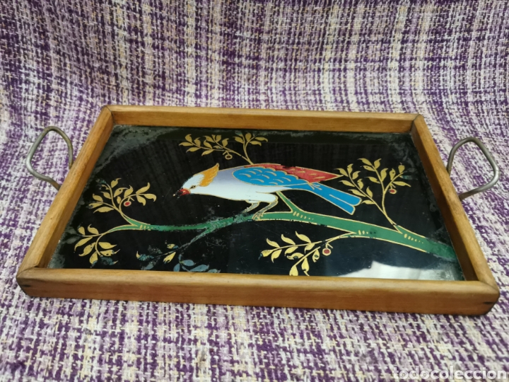 Antig&uuml;edades: Antigua bandeja de cristal y madera - Foto 5