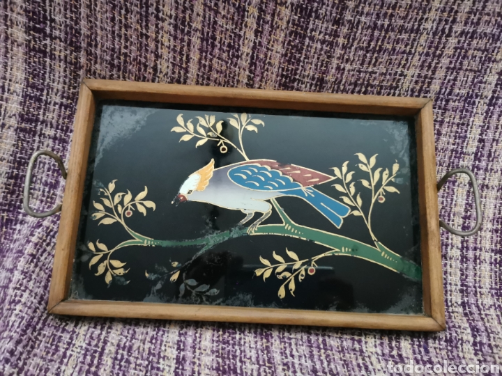 Antig&uuml;edades: Antigua bandeja de cristal y madera - Foto 1