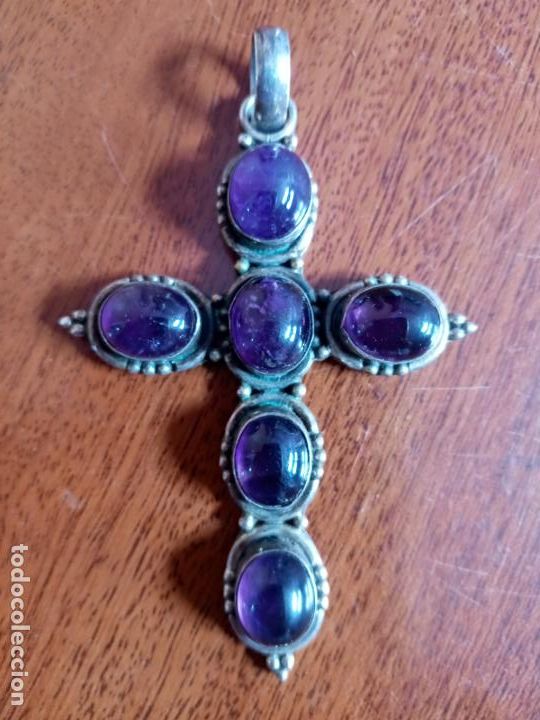 Antiques: Colgante de gran tama&ntilde;o- cruz de plata y amatista