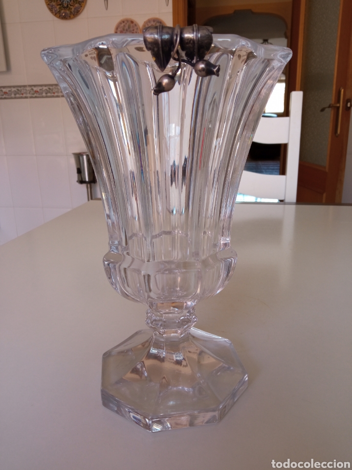 Antiguidades: Espectacular jarr&oacute;n cristal (serigrafiado) franc&eacute;s Vannes, con adorno en plata antigua contrastada