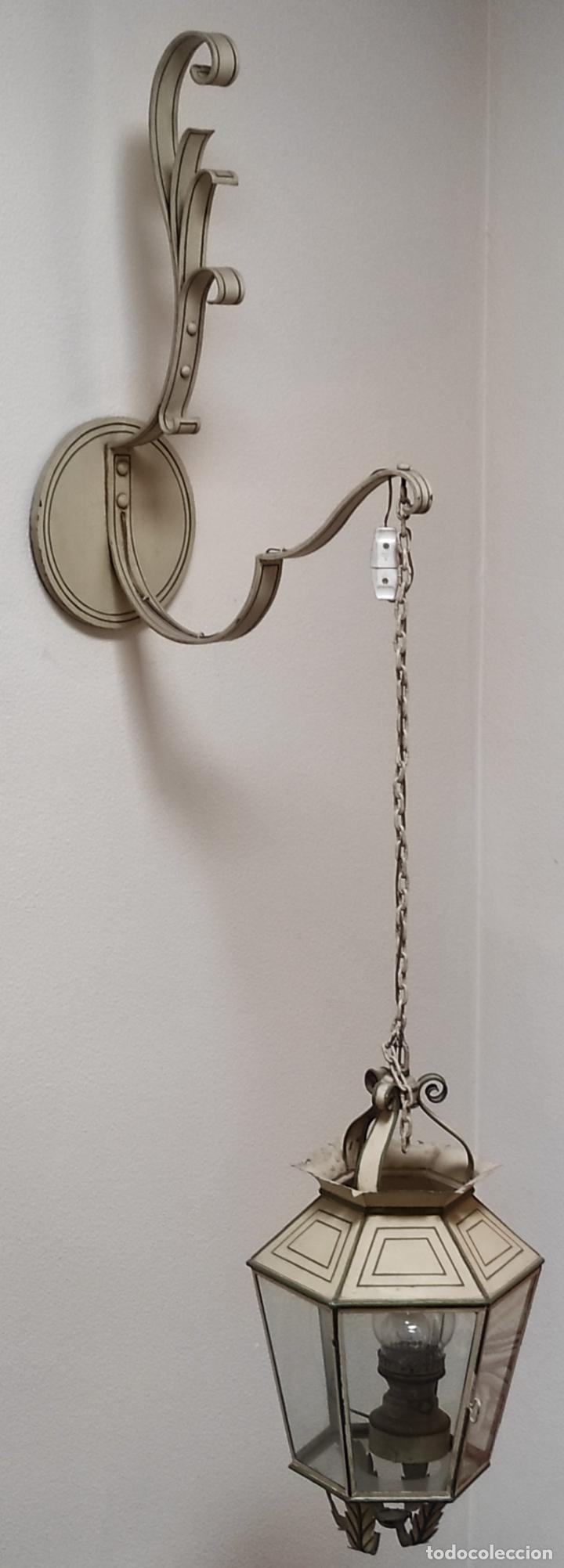 Antigüedades: Preciosa Lámpara Farol con Soporte - Fanal Hierro Pintado - Quinqué Interior - Electrificado - Foto 3 - 268401049