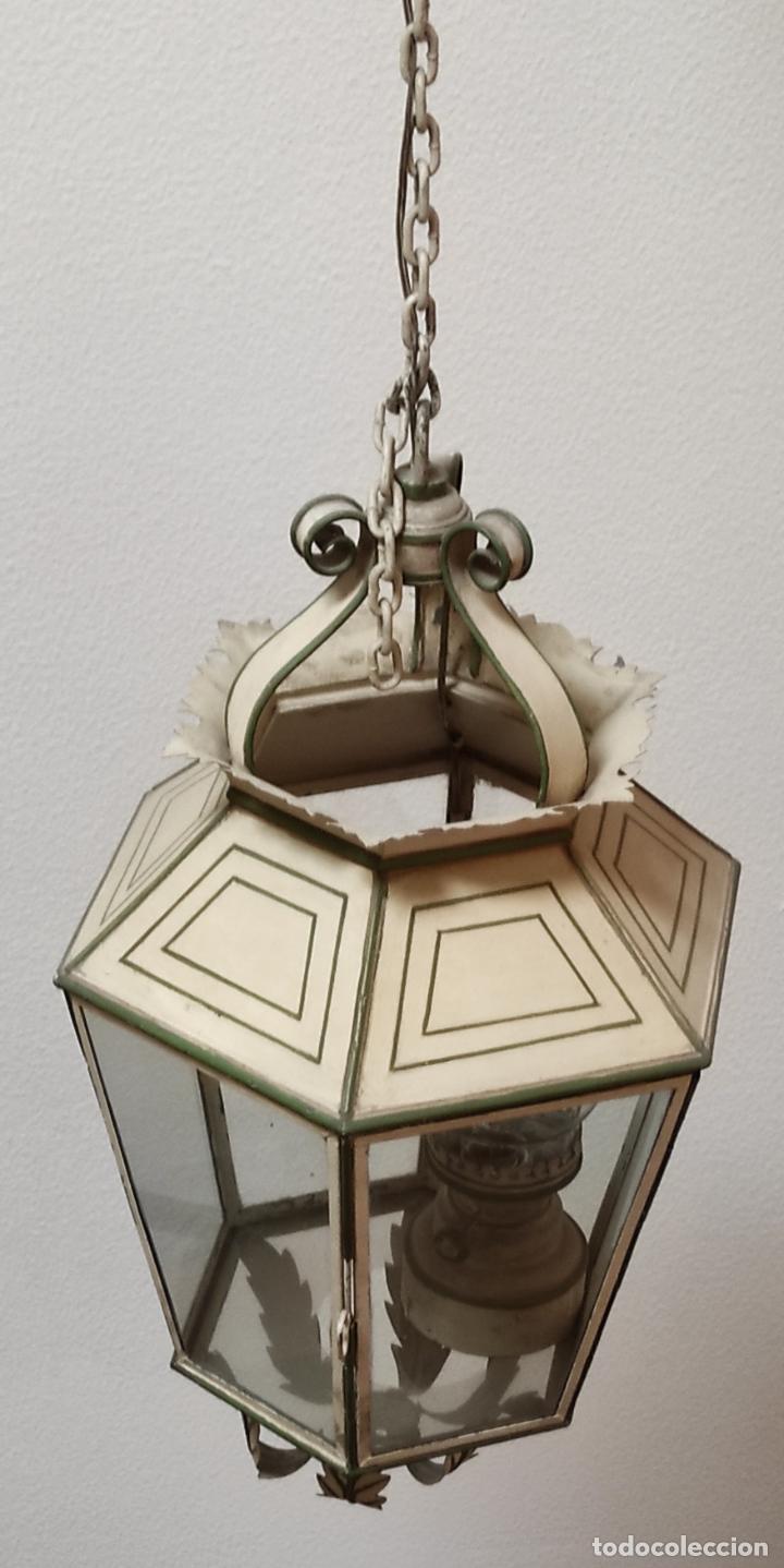 Antigüedades: Preciosa Lámpara Farol con Soporte - Fanal Hierro Pintado - Quinqué Interior - Electrificado - Foto 5 - 268401049