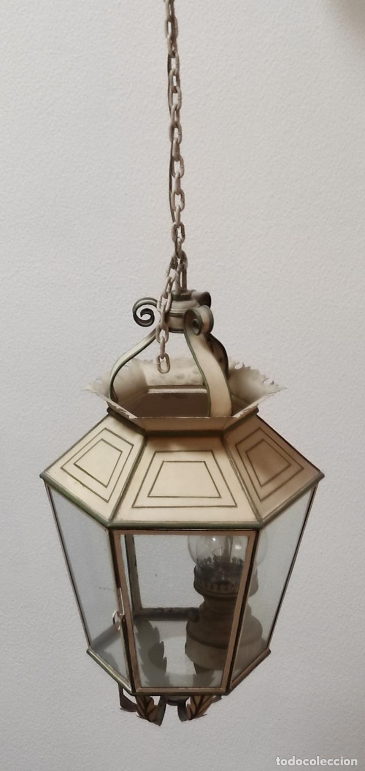 Antigüedades: Preciosa Lámpara Farol con Soporte - Fanal Hierro Pintado - Quinqué Interior - Electrificado - Foto 6 - 268401049