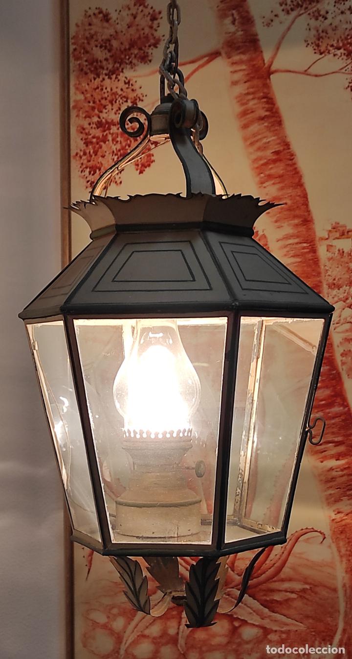 Antigüedades: Preciosa Lámpara Farol con Soporte - Fanal Hierro Pintado - Quinqué Interior - Electrificado - Foto 15 - 268401049