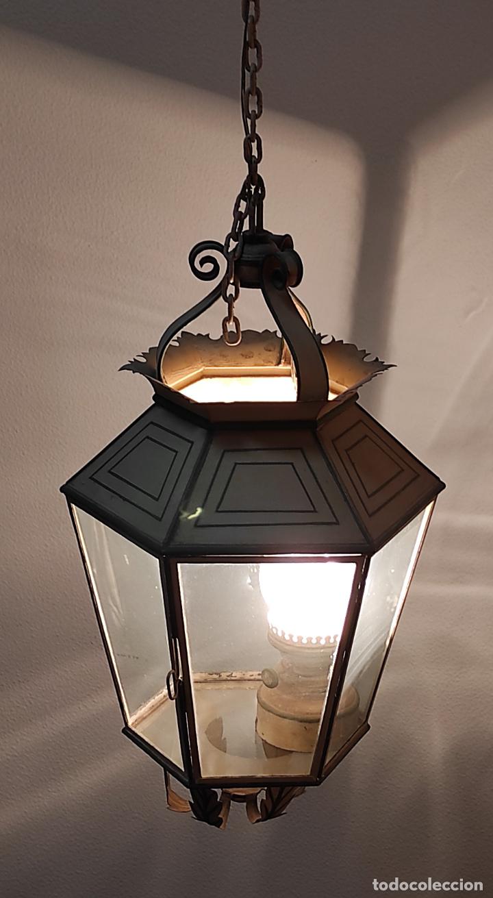 Antigüedades: Preciosa Lámpara Farol con Soporte - Fanal Hierro Pintado - Quinqué Interior - Electrificado - Foto 22 - 268401049