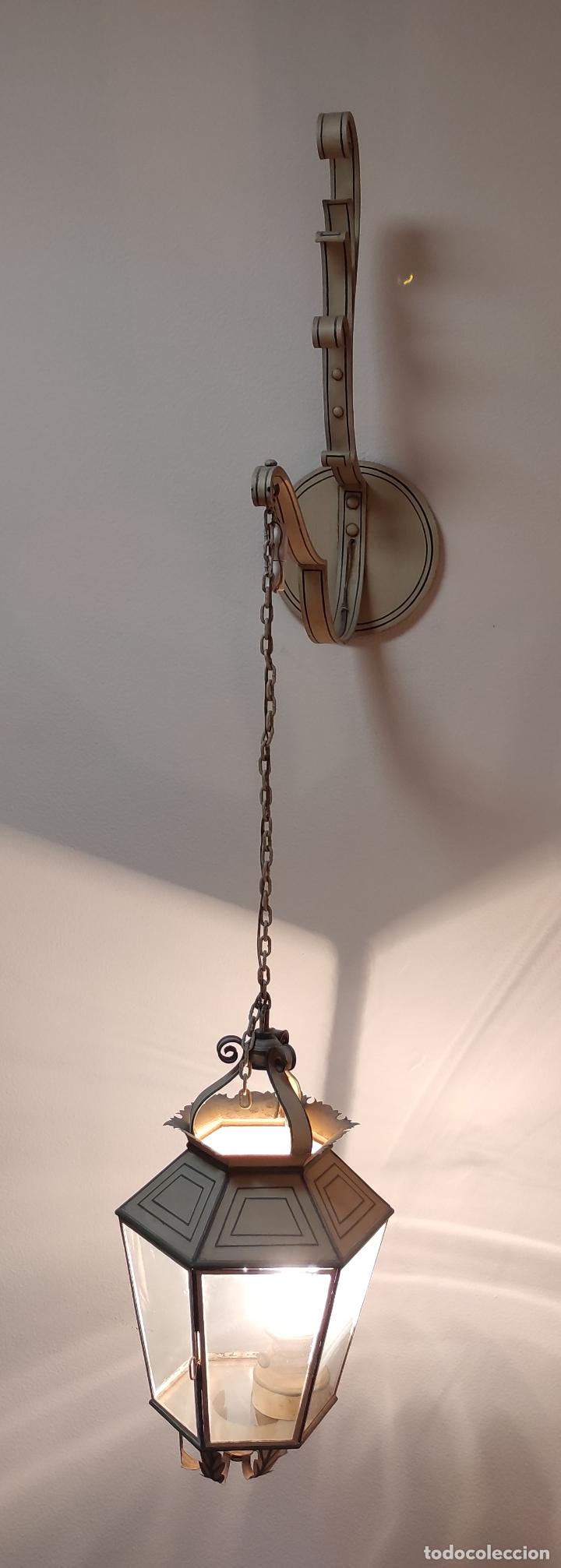 Antigüedades: Preciosa Lámpara Farol con Soporte - Fanal Hierro Pintado - Quinqué Interior - Electrificado - Foto 24 - 268401049