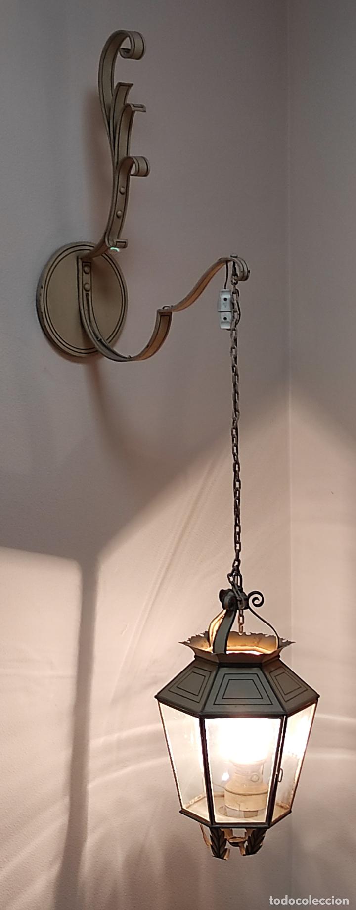 Antigüedades: Preciosa Lámpara Farol con Soporte - Fanal Hierro Pintado - Quinqué Interior - Electrificado - Foto 25 - 268401049