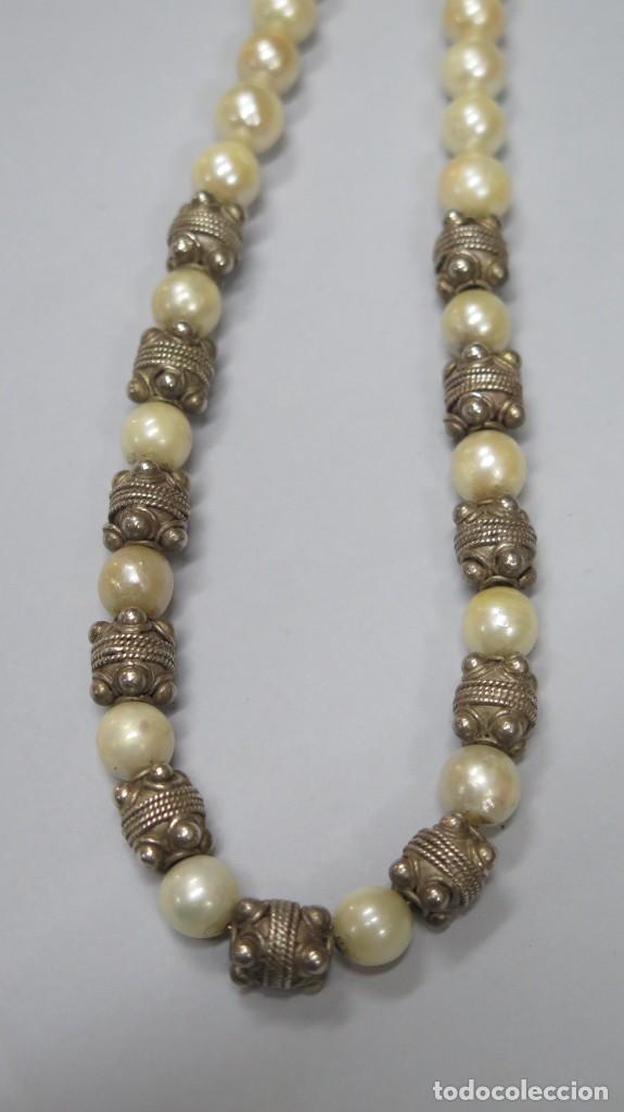 Antig&uuml;edades: COLLAR DE CUENTAS DE PLATA Y SIMIL PERLAS - Foto 5