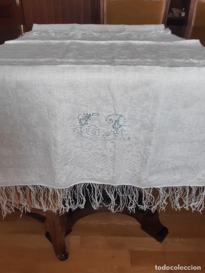 Antiguidades: MUY ANTIGUA TOALLA DE HILO ADAMASCADO CON MEZCLA DE SEDA CON INICICIALES BORDADAS A MANO Y FLECOS.