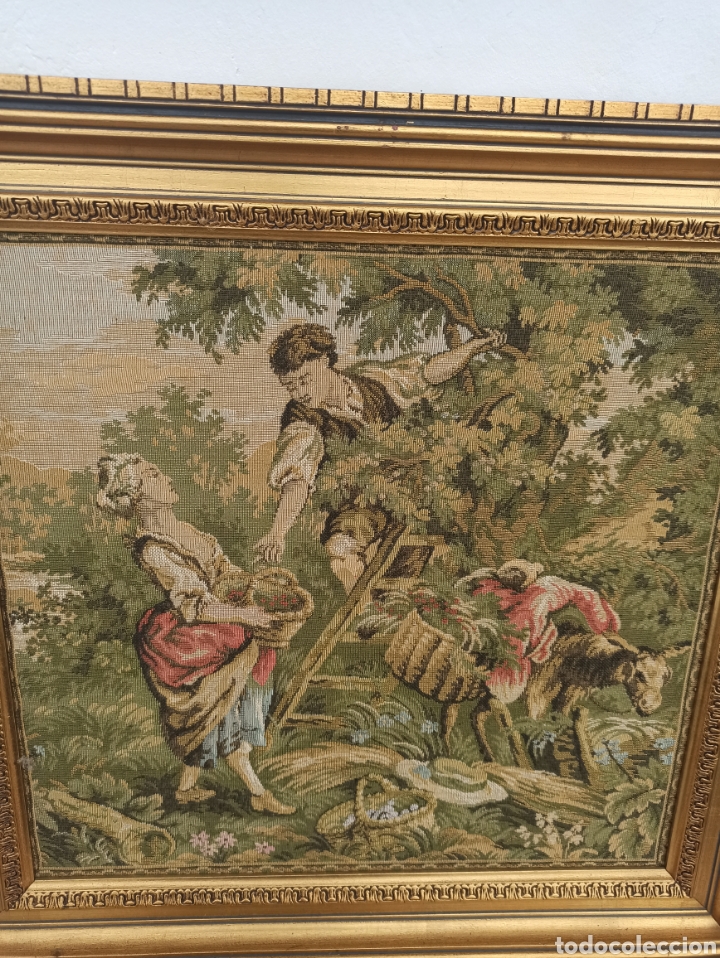 Antiquit&eacute;s: Tapiz cuadro tapiz vintage enmarcado de estilo gobelino, que reproduce la cl&aacute;sica obra barroca/rococ