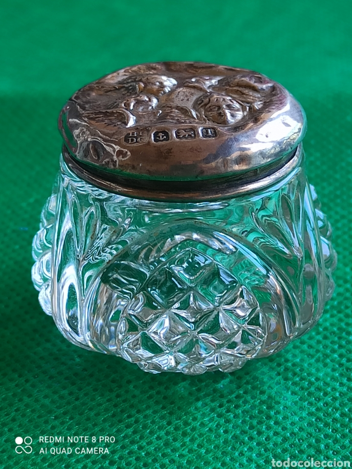 Antigüedades: Tarito cristal con tapa de plata esterlina con querubines Birmingham eduardiana antigua c1904. - Foto 5 - 276699053
