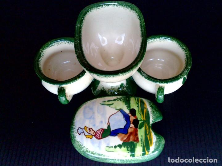 Antiguidades: CONJUNTO DE CER&Aacute;MICA ESMALTADA,SAL-PIMENTERO Y RECIPIENTE PARA MOSTAZA.