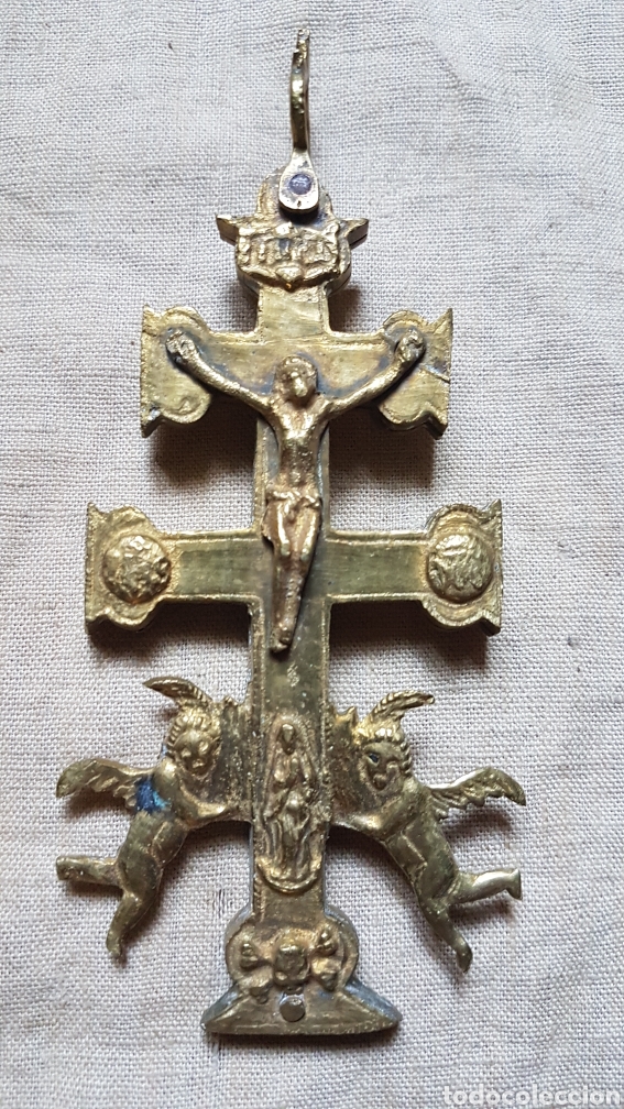 Antig&uuml;edades: Gran cruz de caravaca doble en Bronce - Foto 1