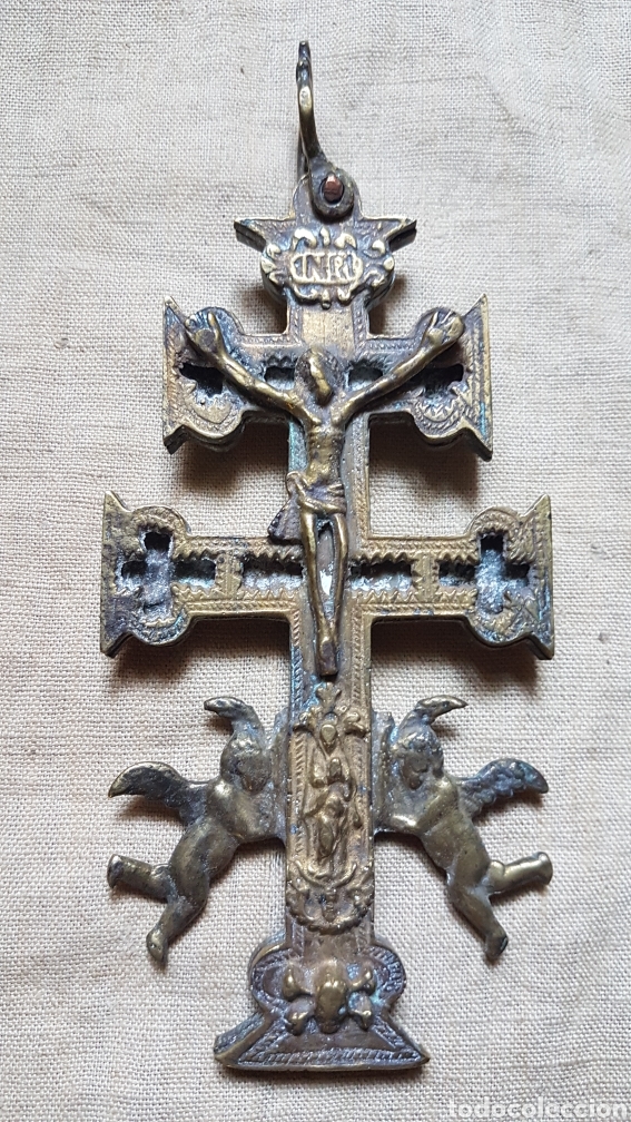 Antig&uuml;edades: Gran cruz caravaca doble en bronce - Foto 1