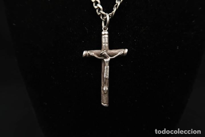 Antig&uuml;edades: Antiguo Crucifijo de Plata con Cadena - Foto 2
