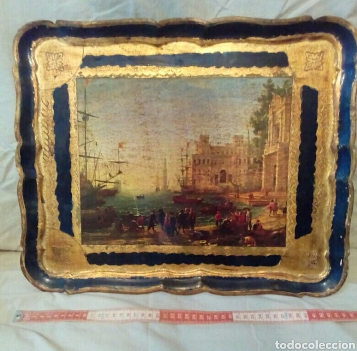 Antig&uuml;edades: Bandeja antigua de madera decorada 46&times;39 - Foto 3