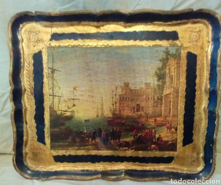 Antig&uuml;edades: Bandeja antigua de madera decorada 46&times;39 - Foto 1