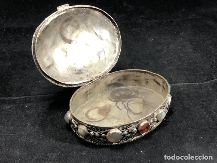 Antigüedades: Caja joyero antiguo de metal, filigranas de plata y cabujones de piedras pulidas Trabajo tipo charro - Foto 8 - 289296018