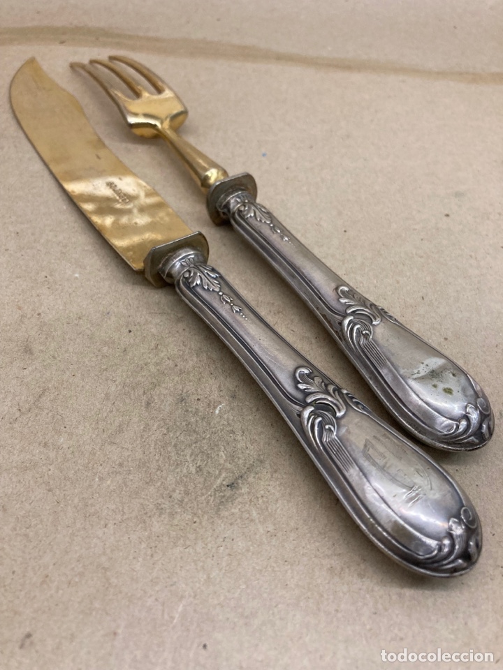 Antig&uuml;edades: Juego trinchar antiguo mango plata