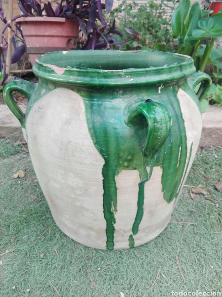 Antigüedades: Antigua orza o tinaja semi vidriada en verde cerámica española Murcia - Foto 1 - 290335498