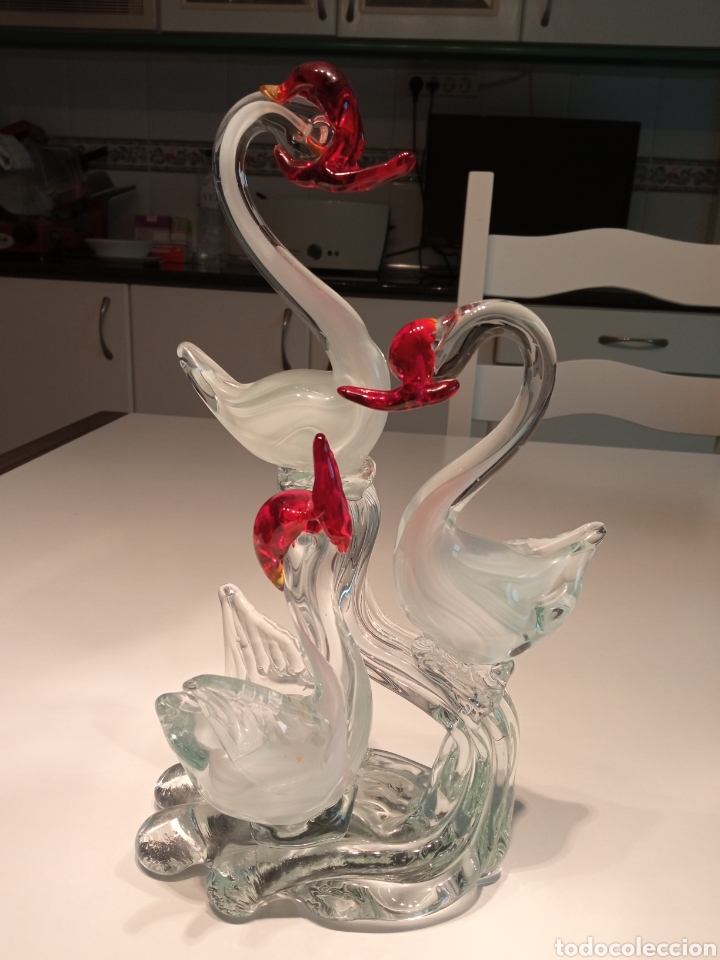 Antig&uuml;edades: Composici&oacute;n tres cisnes en cristal de Murano - Foto 1