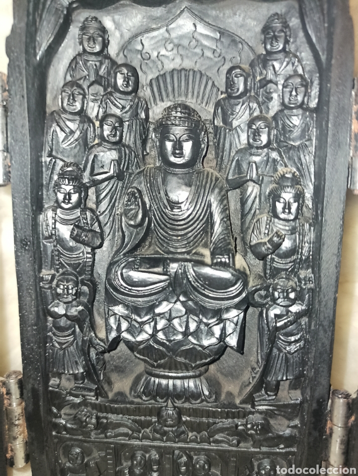 Antig&uuml;edades: Triptico antiguo Chino en resina de Buda - Foto 5