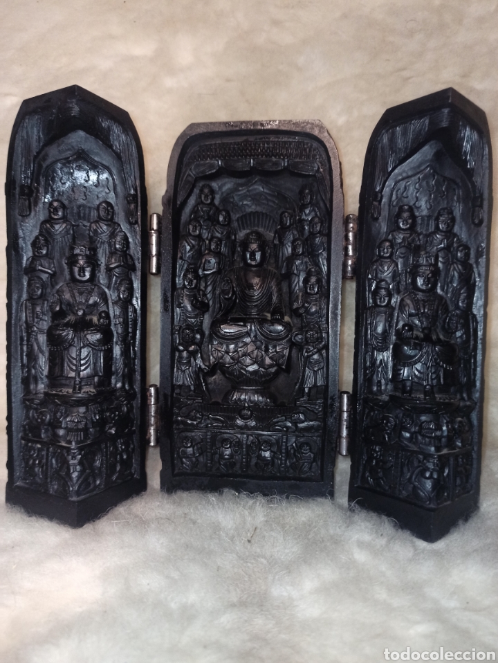 Antig&uuml;edades: Triptico antiguo Chino en resina de Buda - Foto 1