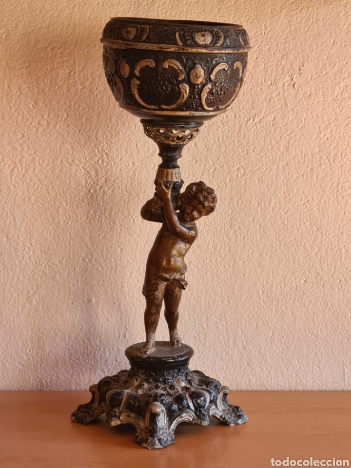 Antiques: Antiguo Figura Calamina Ni&ntilde;o sujetando Antorcha Cesta - Decoraci&oacute;n Art Nouveau Dec&oacute;