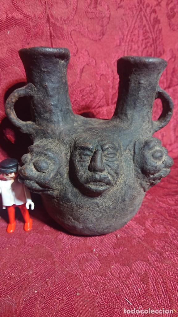 Antig&uuml;edades: CURIOSA Y RARA PIEZA DE CERAMICA / BARRO CON TRES ROSTROS - ODRE DE AMERICA - MEJICO,PERU