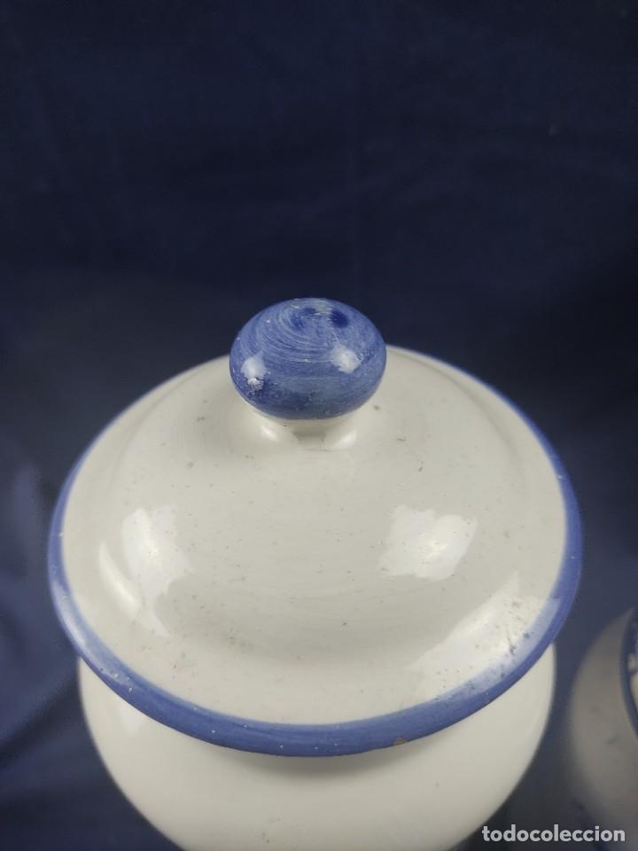 Antigüedades: pareja de albareros tarros de farmacia ceramica Alcora - Foto 2 - 301617488