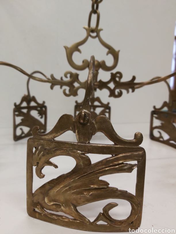 Antig&uuml;edades: Antigua l&aacute;mpara bronce querubines y dragones - Foto 3