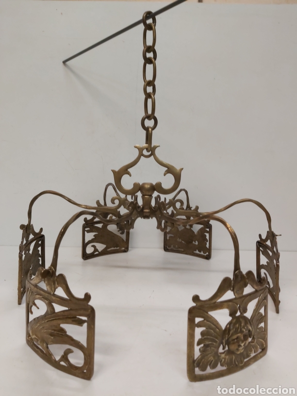 Antig&uuml;edades: Antigua l&aacute;mpara bronce querubines y dragones - Foto 1