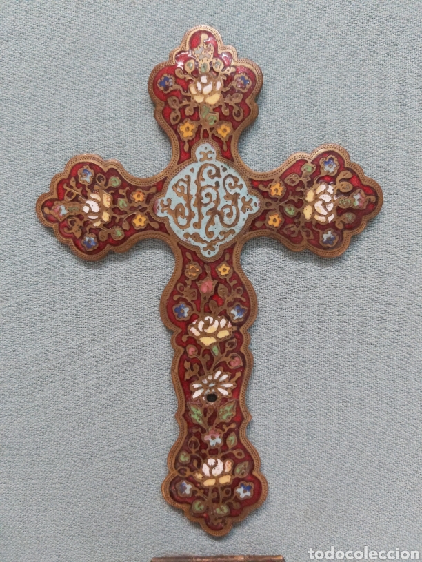 Antig&uuml;edades: Cruz benditera bronce esmalte cloissone - Foto 2