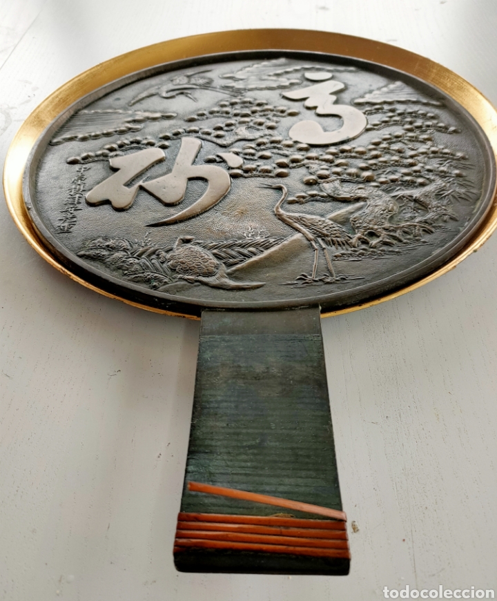 Antigüedades: Espejo de mano japonés de niquel patinado con bronce era Meiji - Foto 2 - 312376473