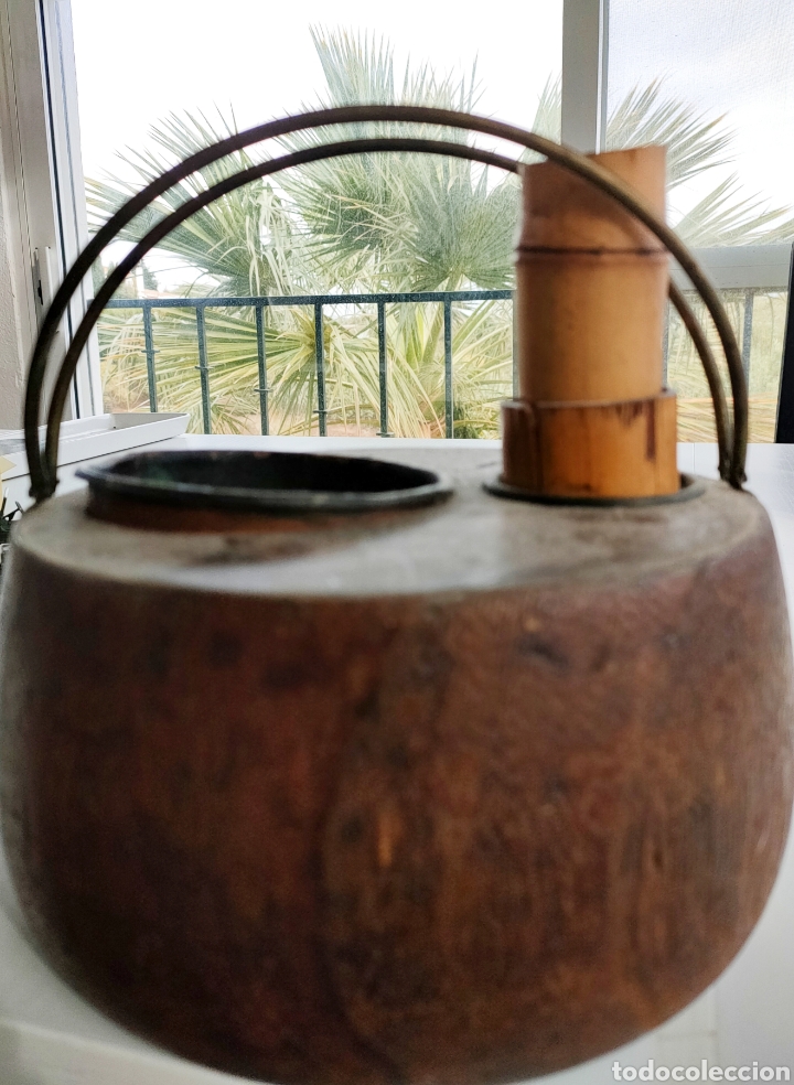 Oggetti Antichi: Antiguo Cenicero japones de madera cobre y bamb&uacute; portatil con asas para reuniones sociales