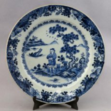Antigüedades: PLATO EN PORCELANA BLUE & WHITE COMPAÑÍA DE INDIAS PAISAJE CON AGRICULTOR CHINA SIGLO XVIII