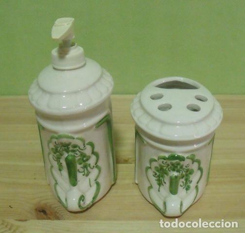 Antiquit&eacute;s: Juego Dosificador Jab&oacute;n Jabonera y Vaso Cepillos Dientes Porcelana Cer&aacute;mica
