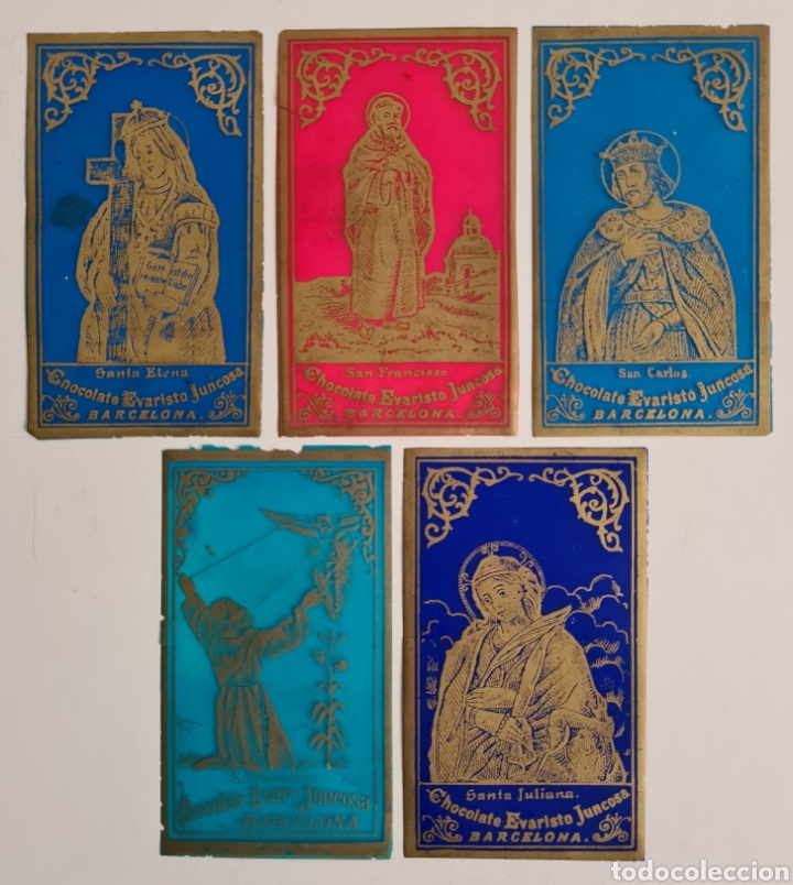 Antig&uuml;edades: 5 Estampas Religiosas de Celuloide publicidad Chocolate Evaristo Juncosa - Cromos - Foto 1