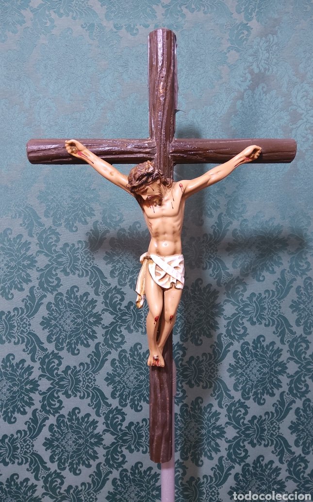 Crucifijo de Jesús - Cruz católica de pared – Madera grande pintada a mano,  resina texturizada vintage de Cristo clavado en la cruz, decoración