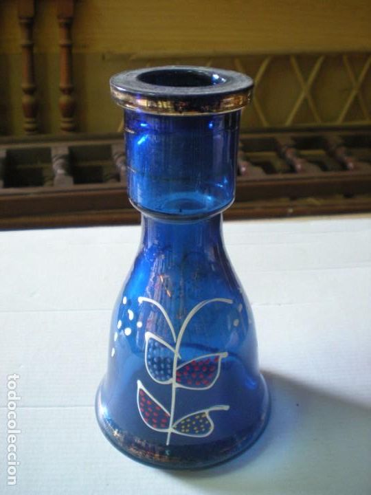 Oggetti Antichi: JARRON CRISTAL CON TONO AZUL PINTADO A MANO H20CM D BASE 7cm