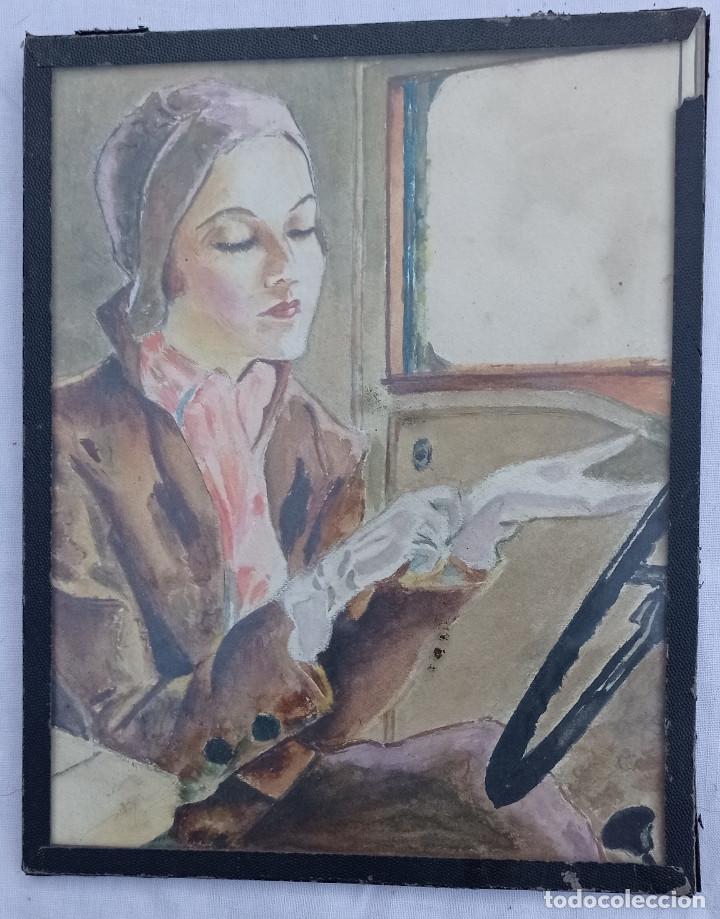 Antig&uuml;edades: Cuadro mujer al volante, a&ntilde;os 1920, 17 x 13 cm