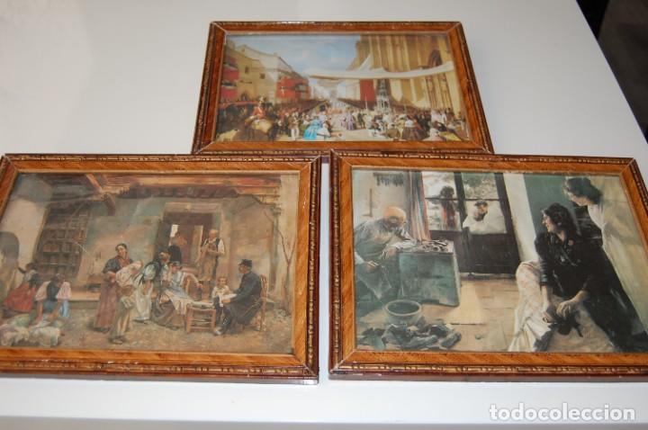 Antiques: 3 CUADROS CON LAMINAS VINTAGE.