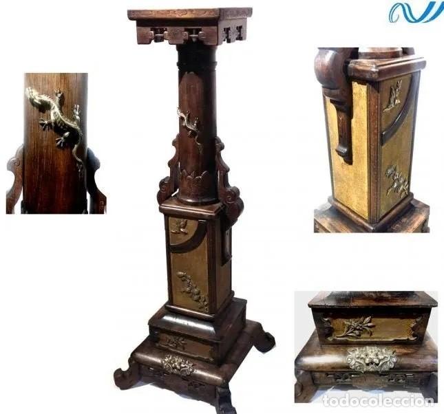 Oggetti Antichi: Excelente columna antigua japonesa japan madera partes bronce salamandra