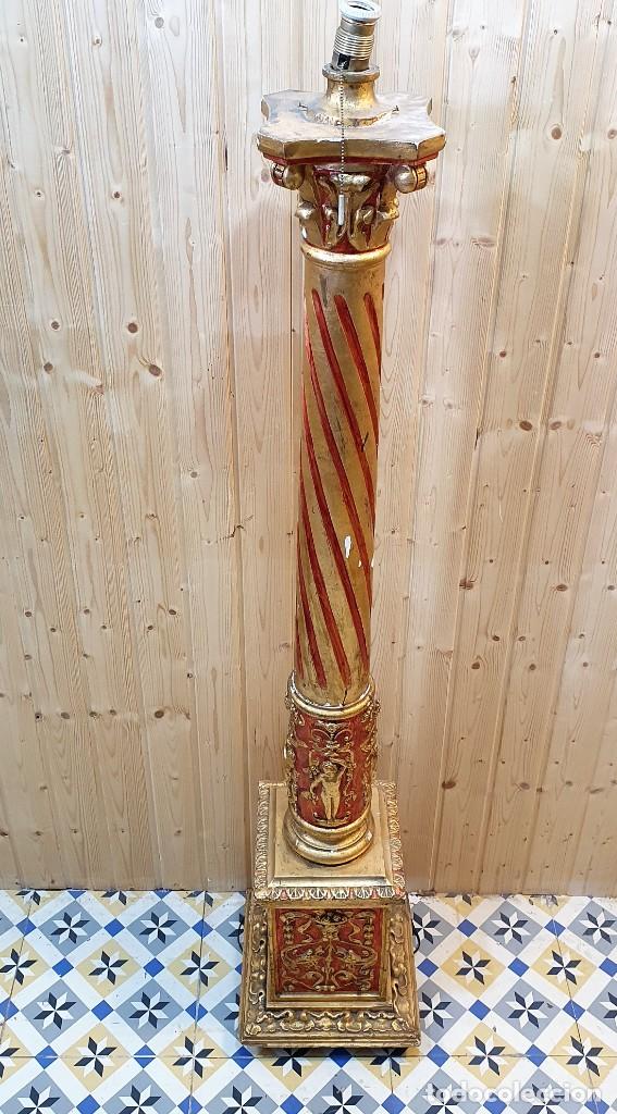 Antig&uuml;edades: LAMPARA DE PIE -COLUMNA TALLADA Y POLICROMADA CON PAN DE ORO - Foto 4