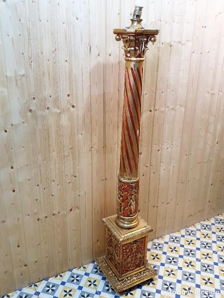 Antig&uuml;edades: LAMPARA DE PIE -COLUMNA TALLADA Y POLICROMADA CON PAN DE ORO - Foto 6