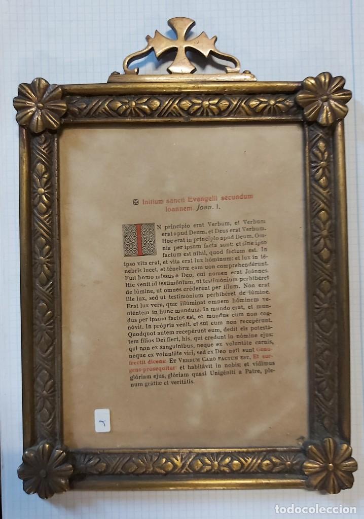 Antig&uuml;edades: Marco met&aacute;lico con escrito religioso, 24 x 17 cm - Foto 1