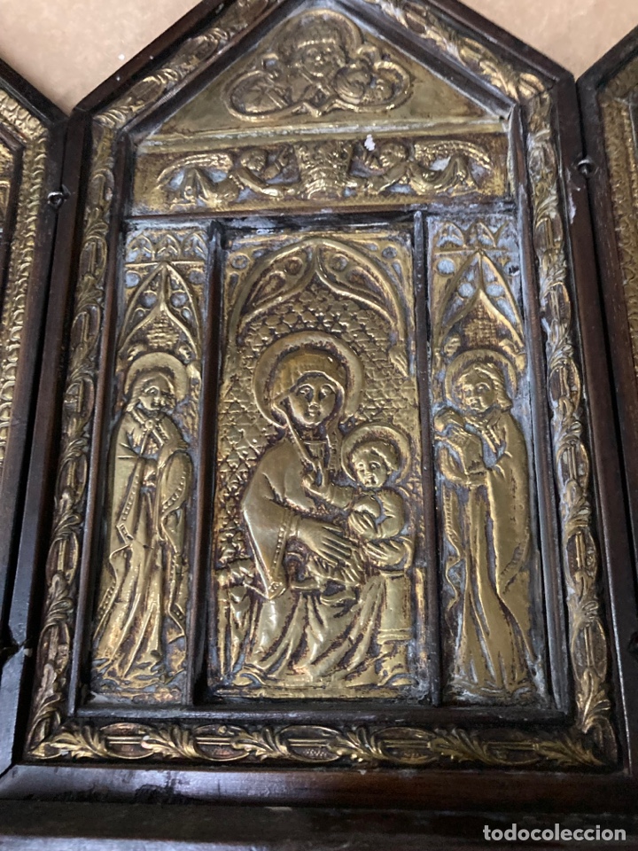 Antig&uuml;edades: Icono antiguo tr&iacute;ptico madera y bronce - Foto 2